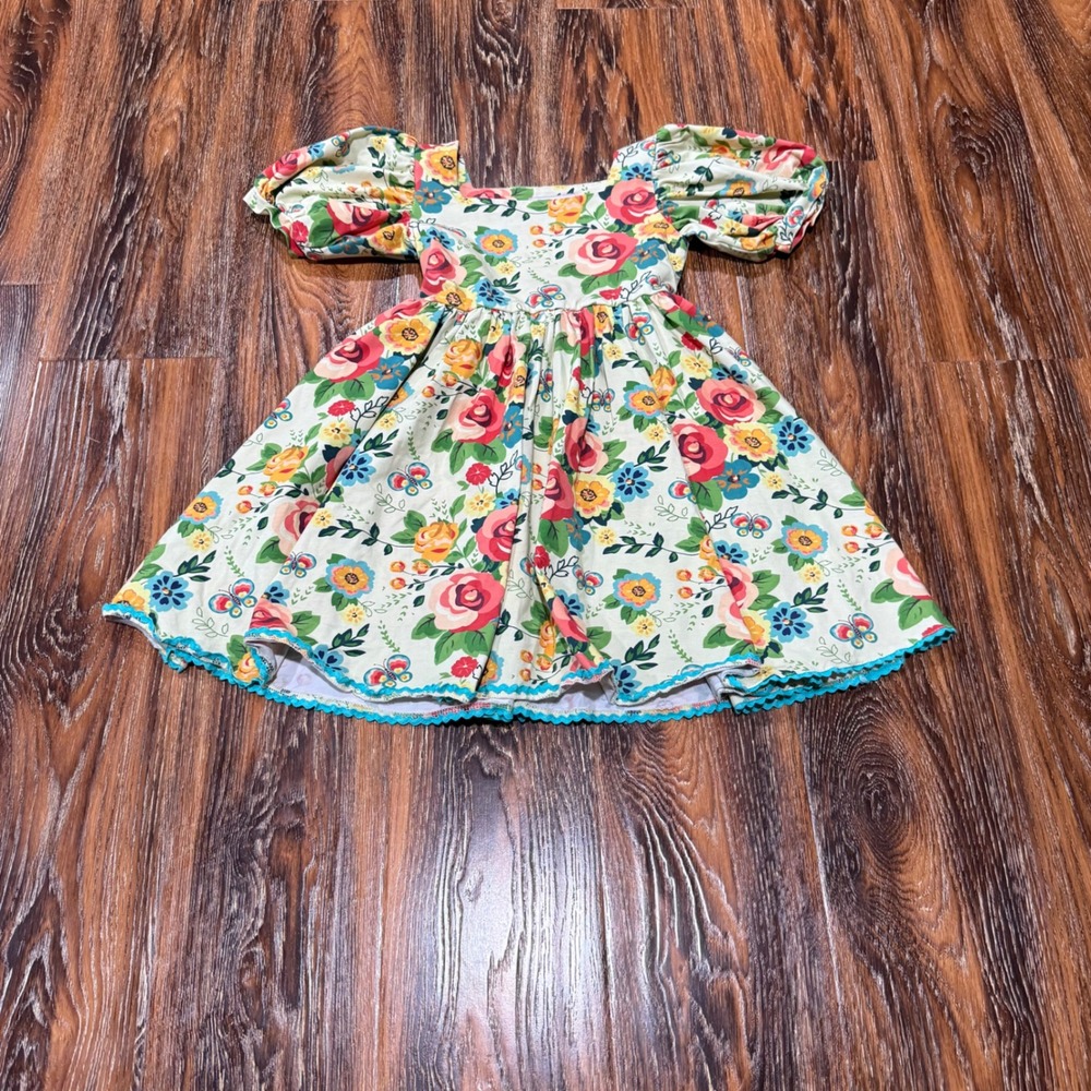 Girl August Kids Floral Puff Sleeve Dress Size 7 Cream Pink Teal Butterfly Boho